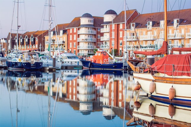 Yachts and houses in Sovereign harbour, Eastbourne