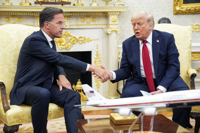 NATO Secretary General Mark Rutte shakes hands with US President Donald Trump