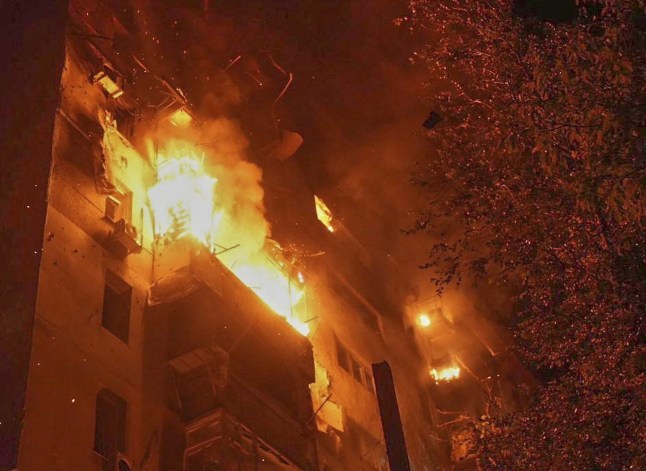 In this photo provided by the Ukrainian Emergency Service, a residential building burns following a Russian air attack in Odesa, Ukraine, Saturday, July 19, 2025. (Ukrainian Emergency Service via AP)